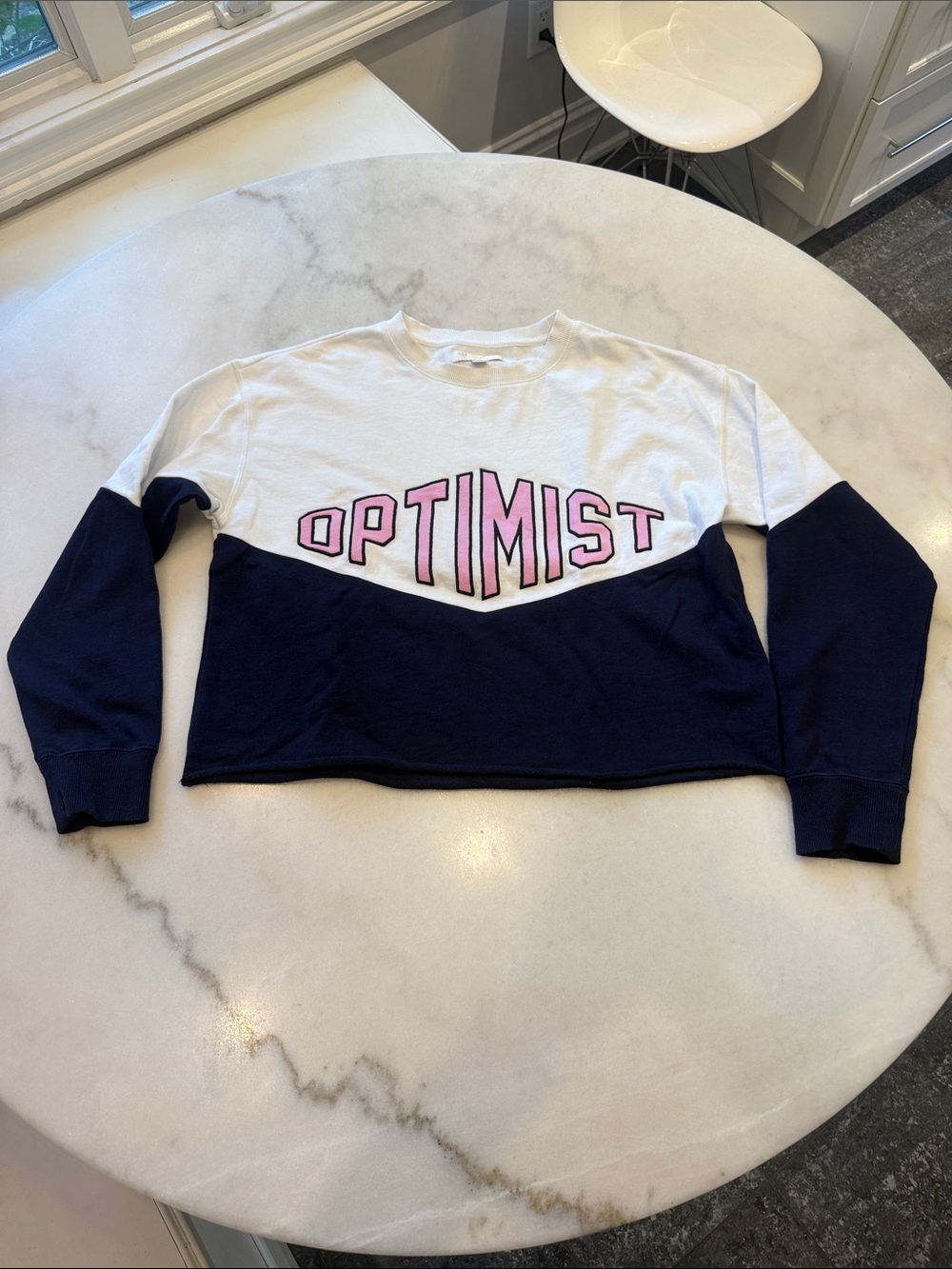 Spiritual Gangster White & Navy 'OPTIMIST' Cropped Sweatshirt with raw hem